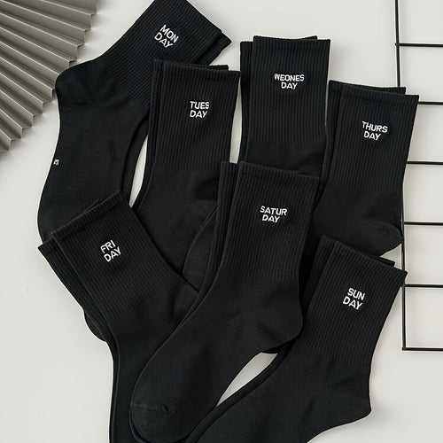 7 Pairs of Black Mid-Calf Socks for Autumn and Winter