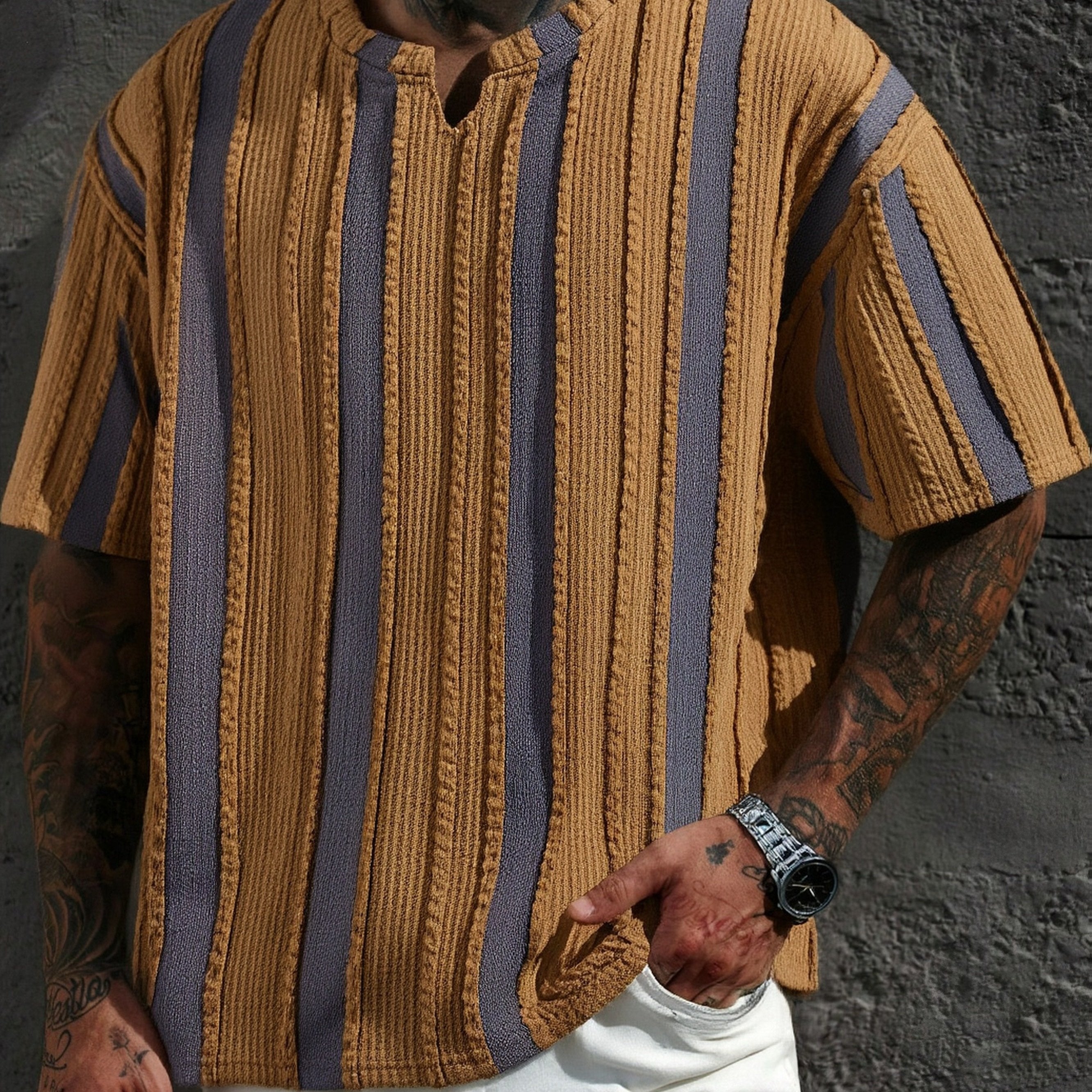 Summer New Men's Short-Sleeved T-Shirt Sports Casual Fashion Versatile Striped Loose Drop Shoulder Crew Neck Shirt