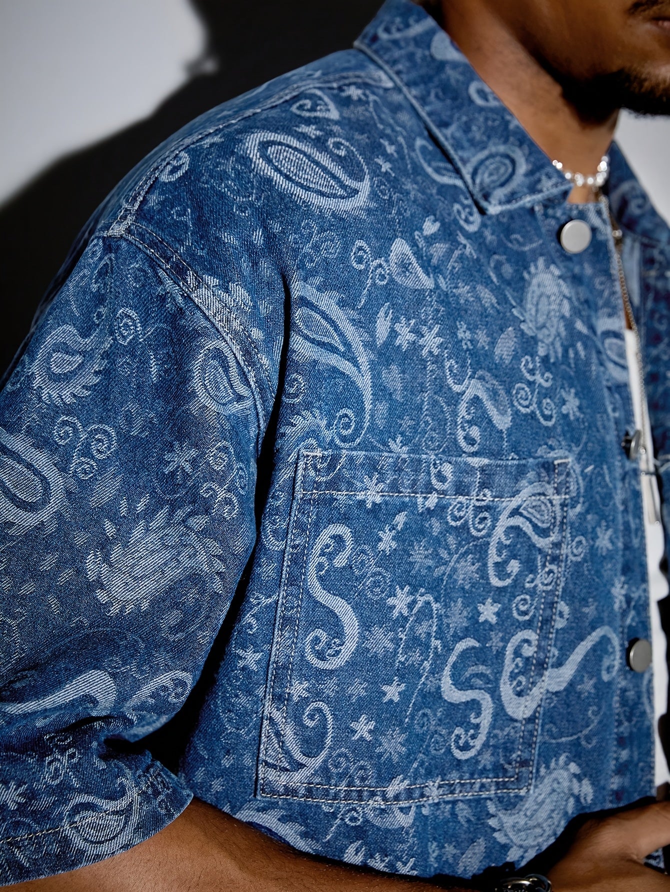 Camicia Uomo Denim Jacquard Manica Corta - Azzurro