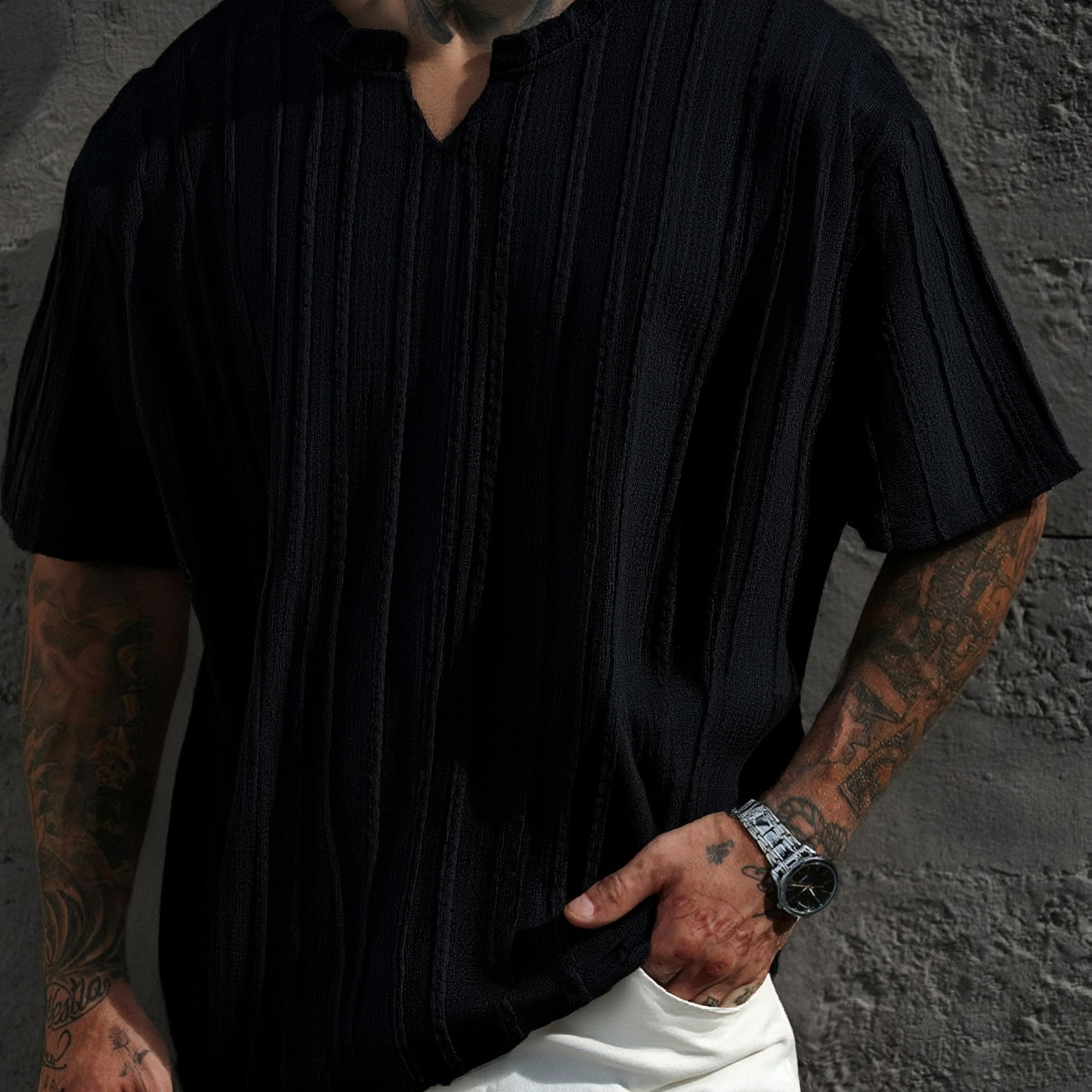 Summer New Men's Short-Sleeved T-Shirt Sports Casual Fashion Versatile Striped Loose Drop Shoulder Crew Neck Shirt