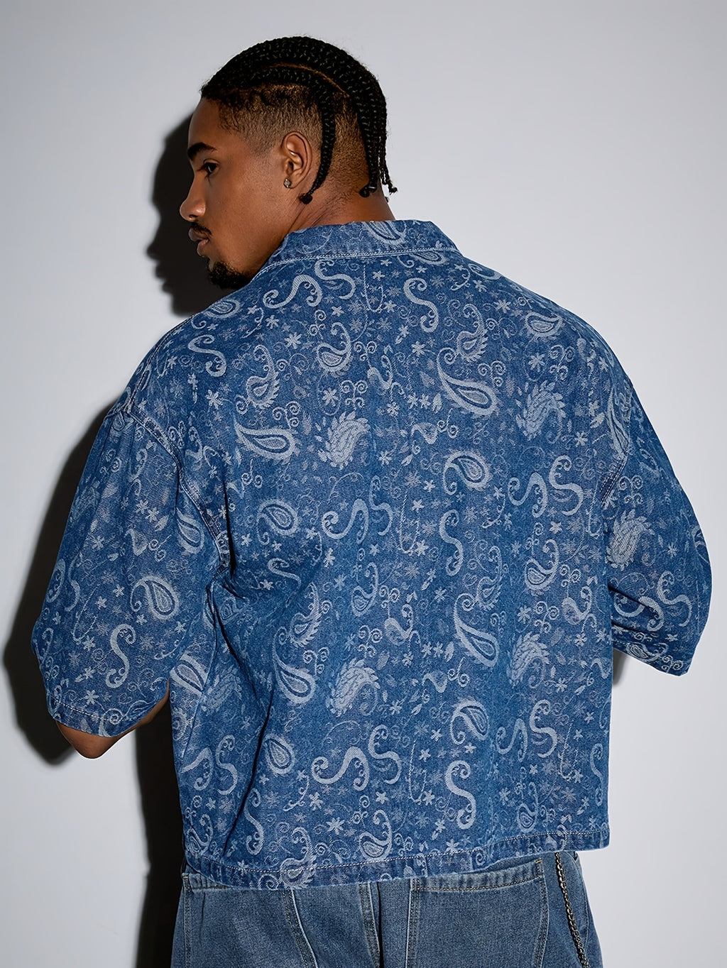 Camicia Uomo Denim Jacquard Manica Corta - Azzurro