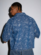 Camicia Uomo Denim Jacquard Manica Corta - Azzurro