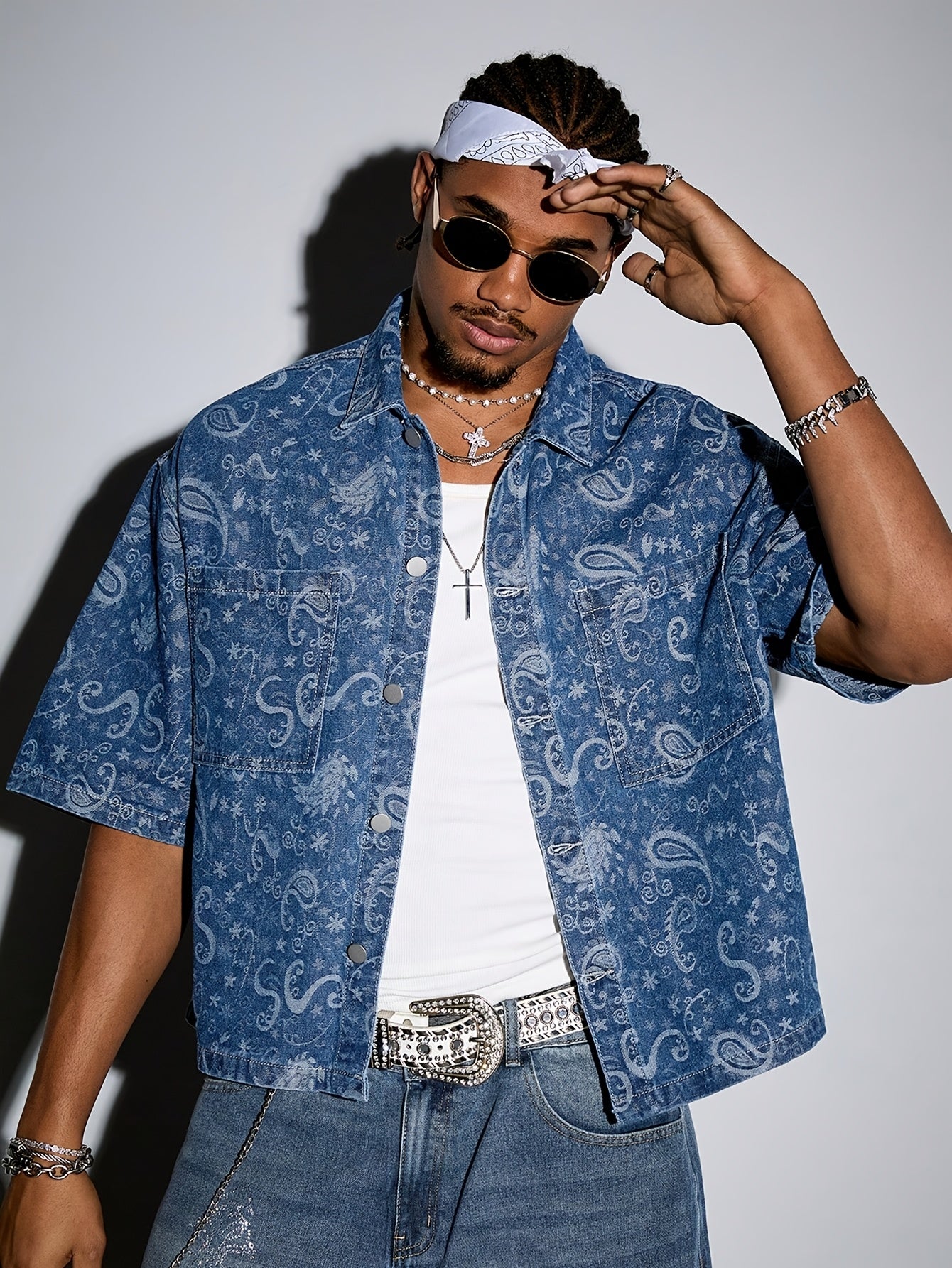 Camicia Uomo Denim Jacquard Manica Corta - Azzurro