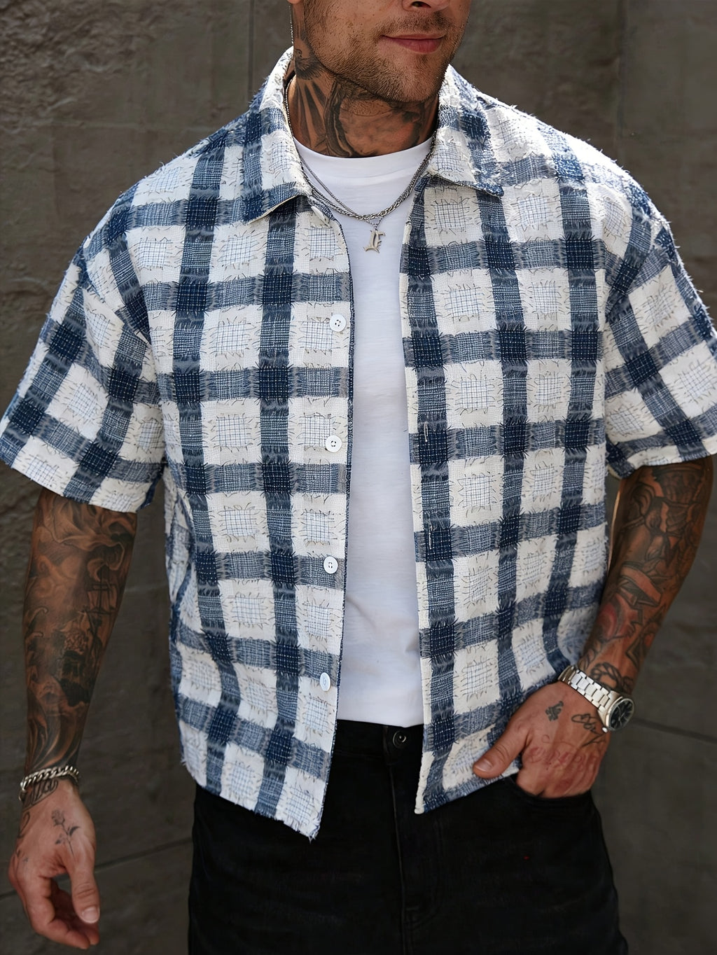 Camicia Uomo a Quadri Blu Manica Corta