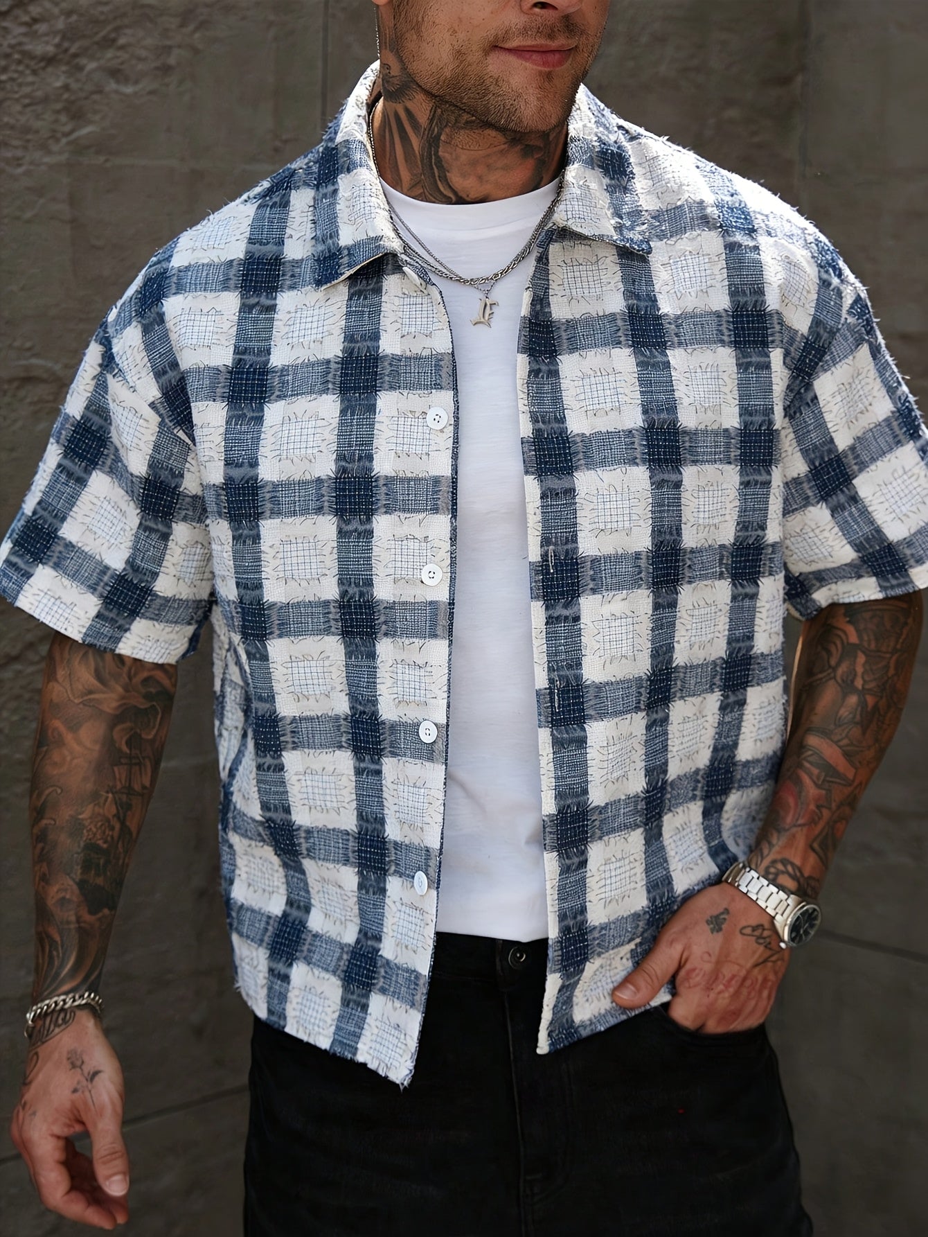 Camicia Uomo a Quadri Blu Manica Corta